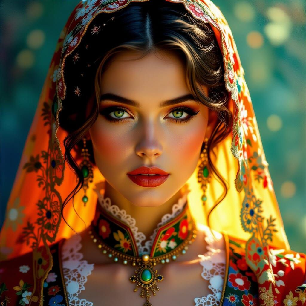 Woman in Brocade Clothing, Hyper-Realistic Oil Painting