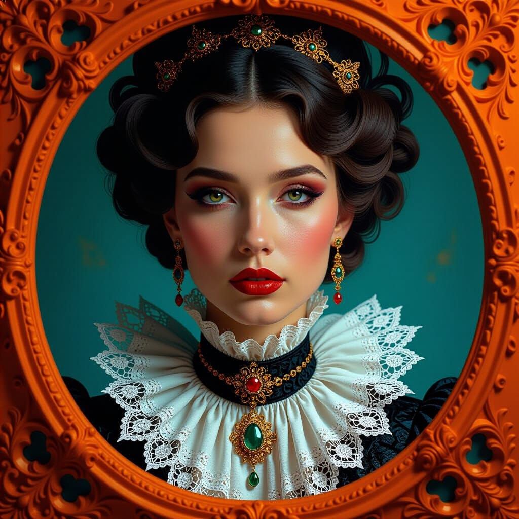 Baroque Woman: Hyper-Realistic Oil Painting with Neon Futuri...