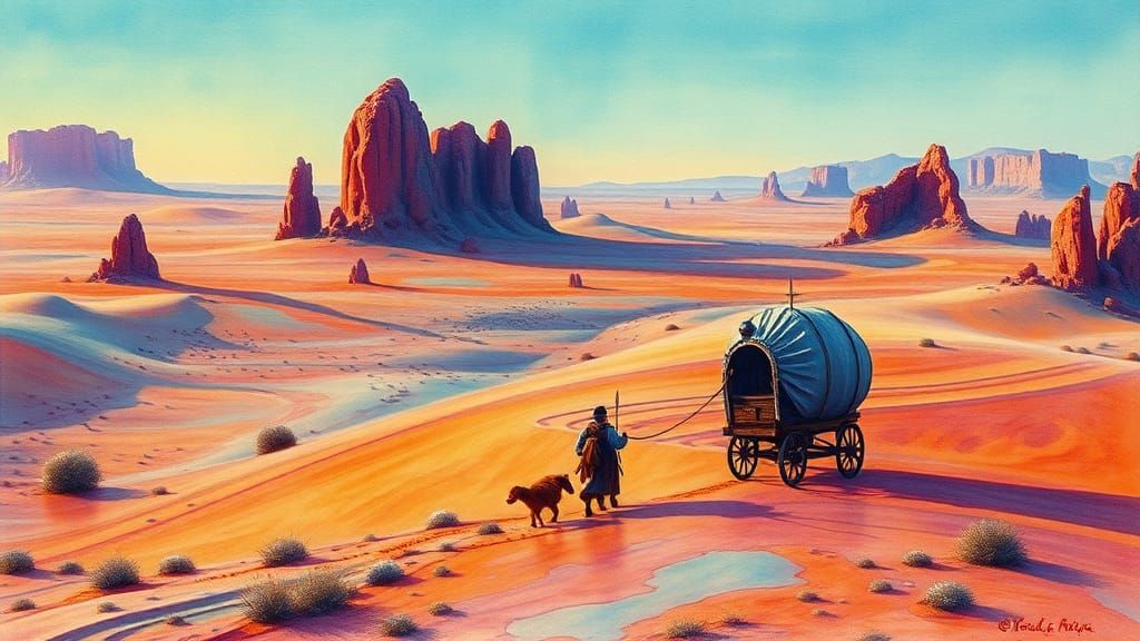 Mystical Gypsy Caravan Trek Through Desert Watercolor