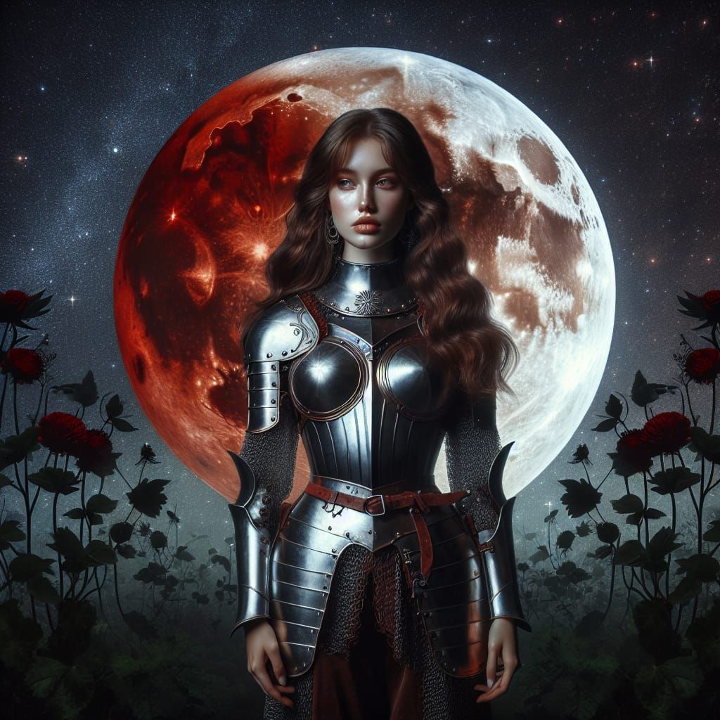 Woman in Armor Under Blood Moon
