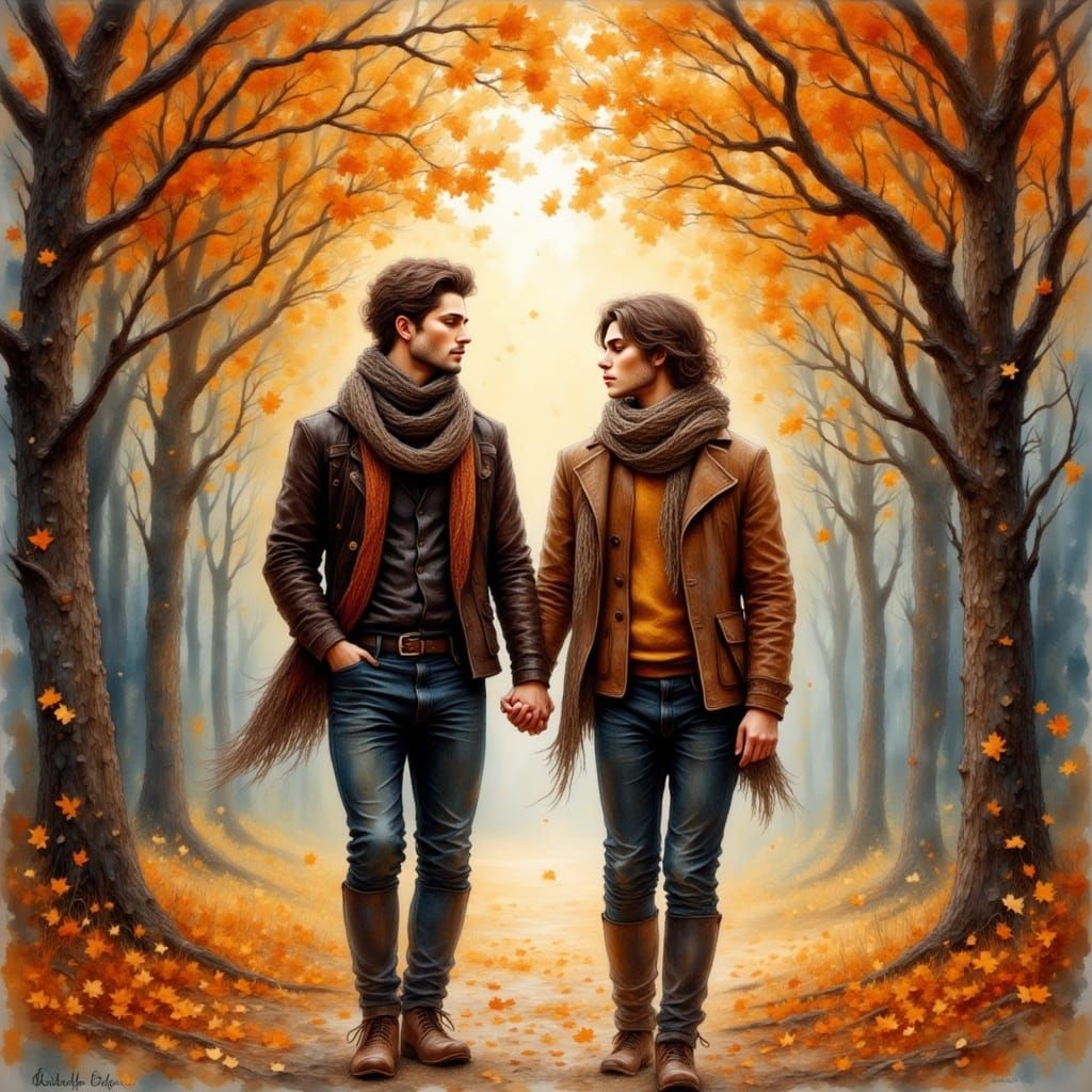 Gay Couple's Autumn Date Night, Impressionistic Style