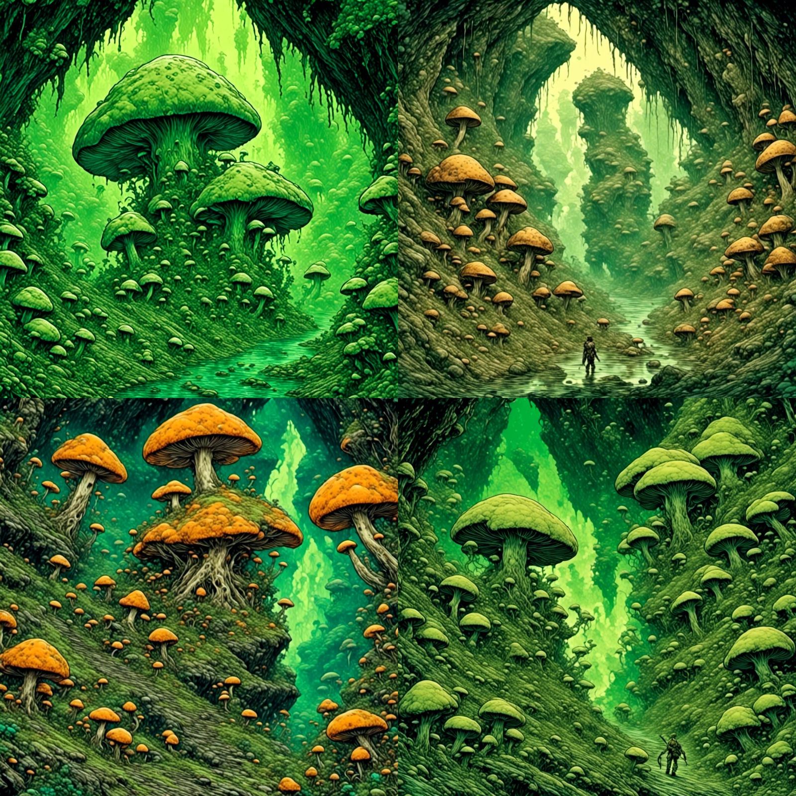 Mushroom Warrior Emerges from Cavern in Ink and Acrylic