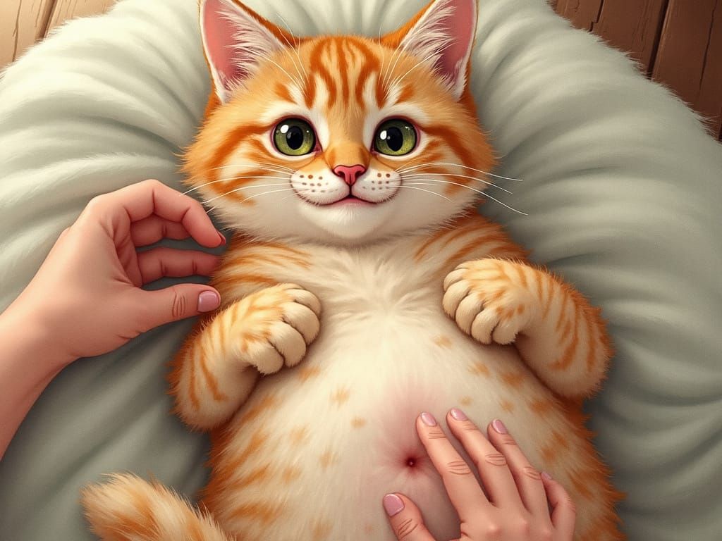 Aerial View of a Fluffy Cat Getting Belly Rubs