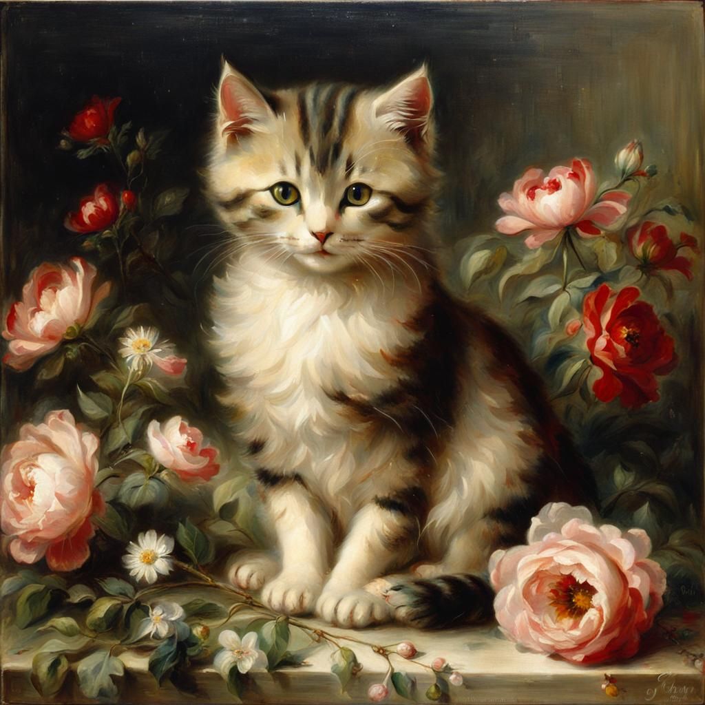 Cat on Pillow with Flowers in Ethereal Style
