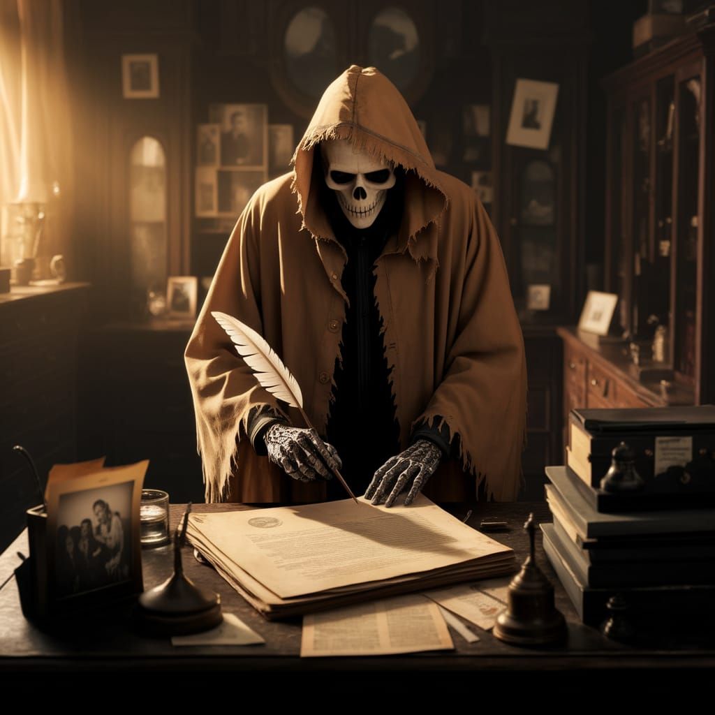 Grim Reaper Detective Agency in a Vintage Office Scene