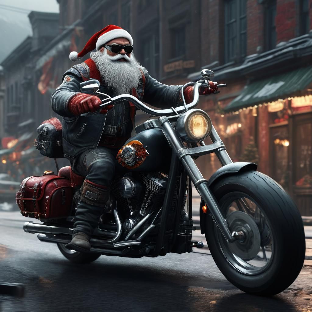 Santa Claus Rides Motorcycle: Detailed Matte Painting