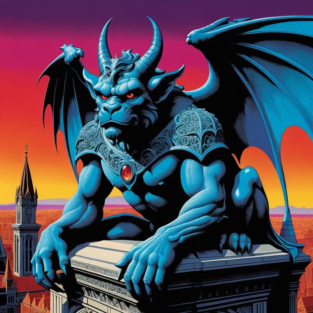 Gothic Gargoyle Watches Over Vintage Cityscape