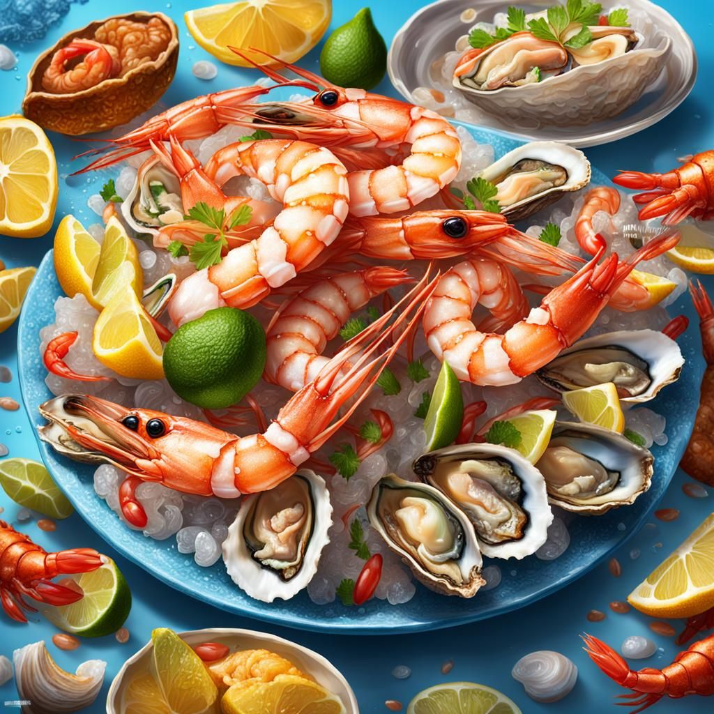 Hyperrealistic Seafood Platter with Shellfish and Squid
