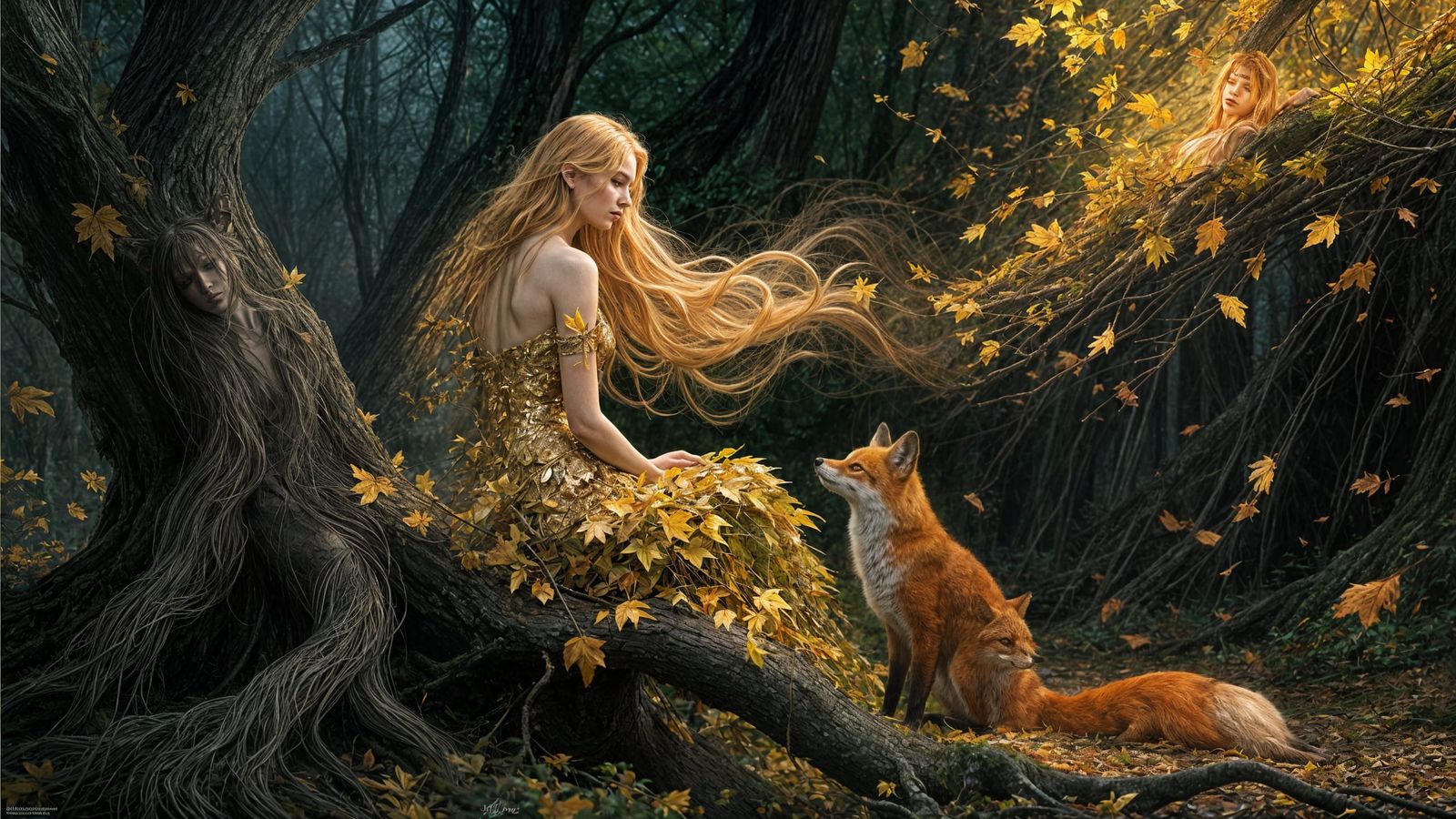 Ethereal Forest Scene with Golden Maiden and Fox