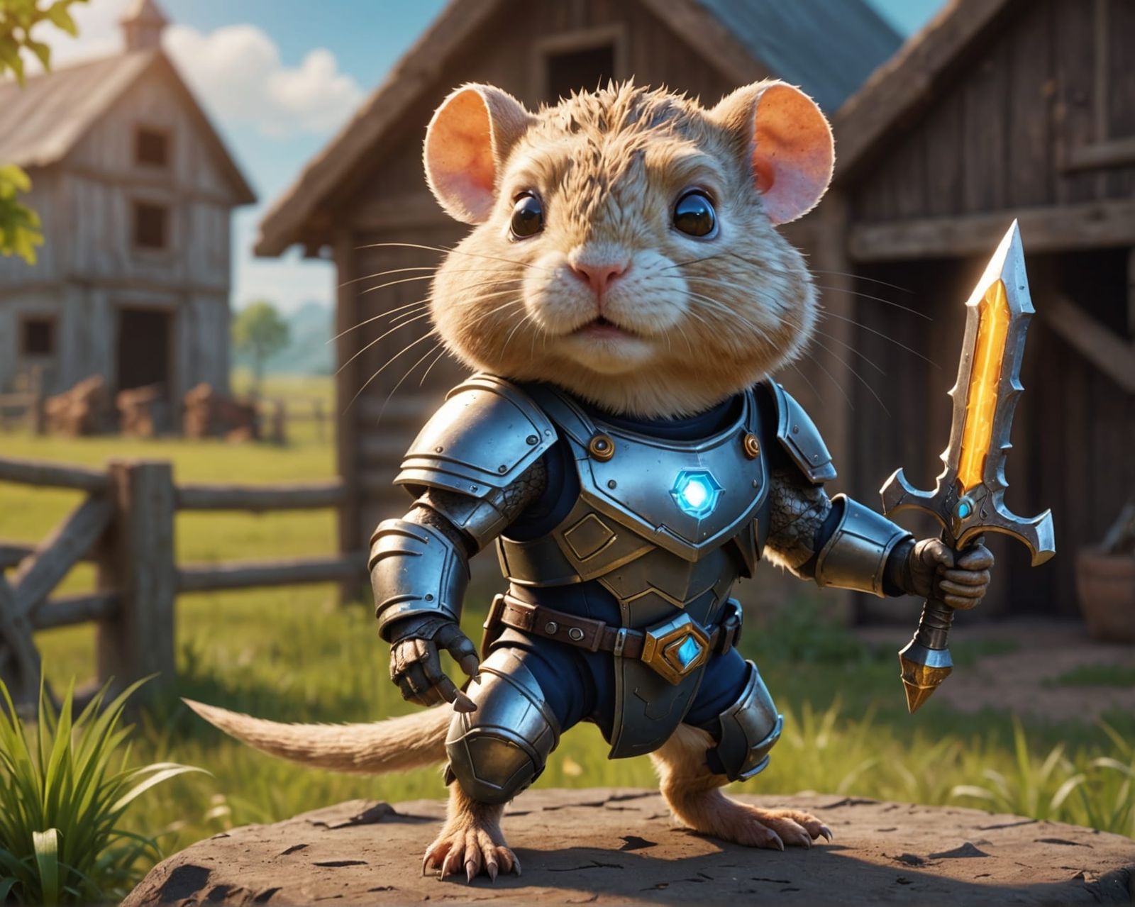 Armored Gerbil Wizard on the Farm: 3D Digital Art