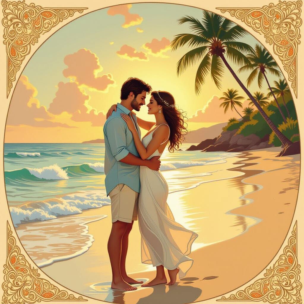 Romantic Beach Embrace in Art Nouveau Style