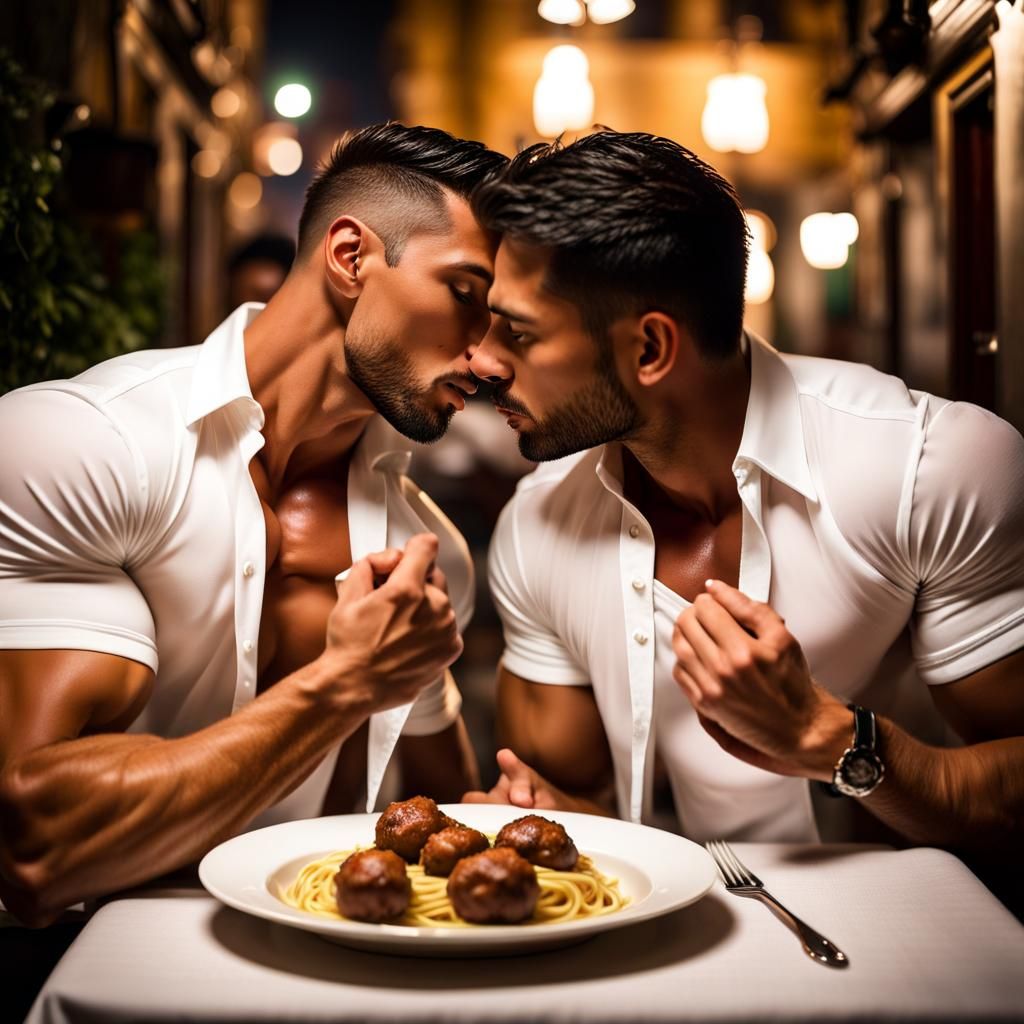Bodybuilders Share Spaghetti in Trastevere: Photo