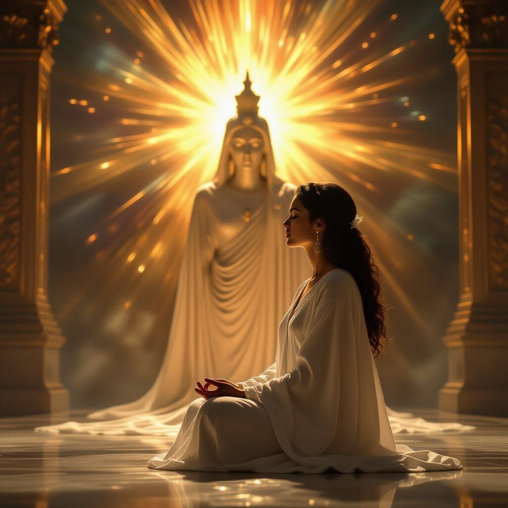 Vestal Virgin Meditates Before Radiant Divine Figure
