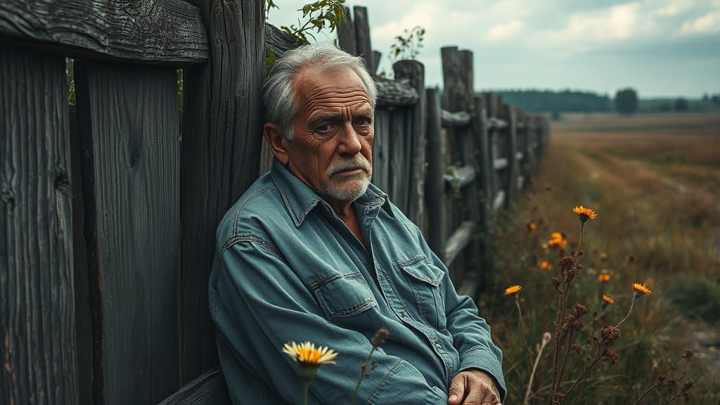 Disillusioned Old Man in Somber Rural Landscape