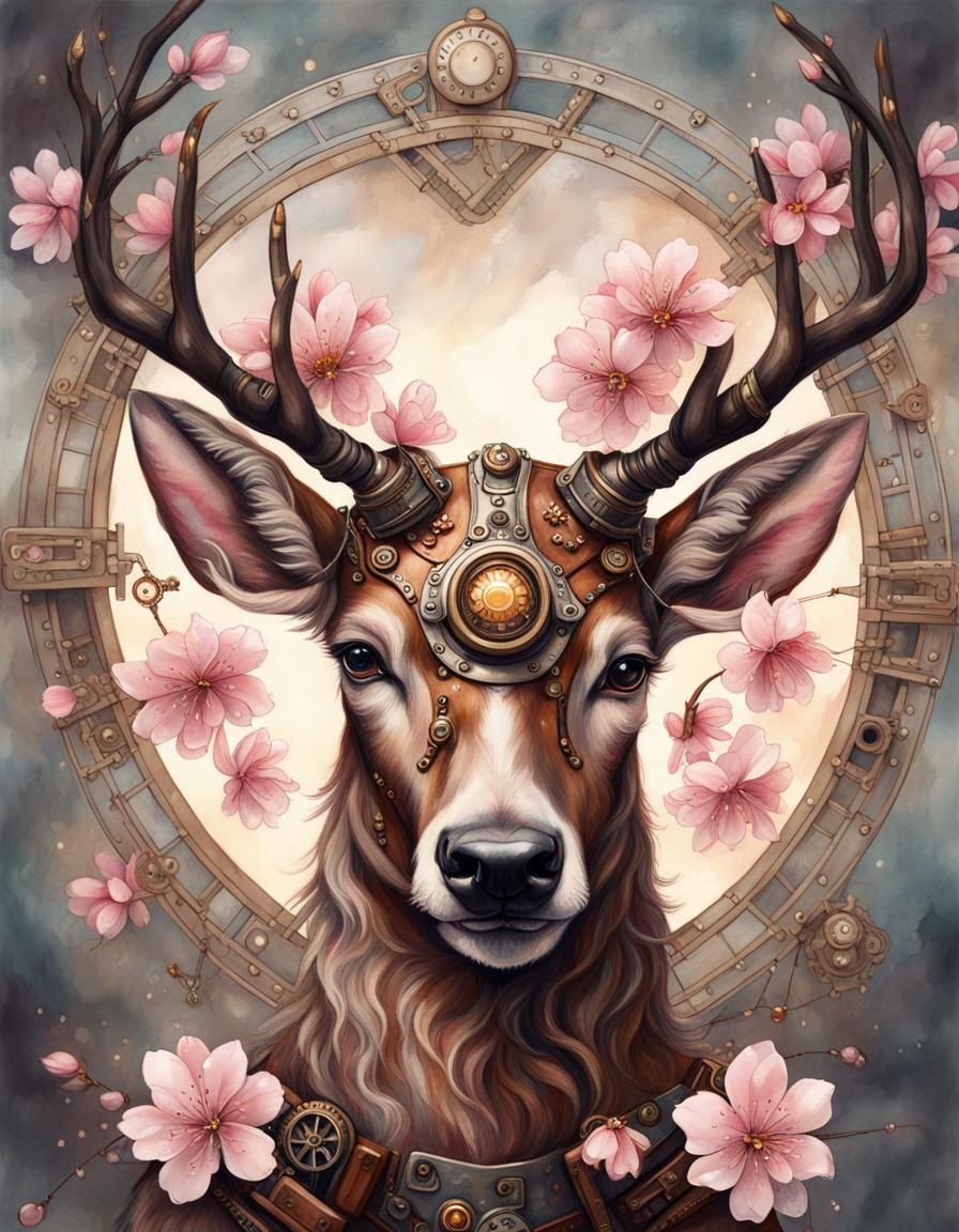 Steampunk Cherry Blossom Stag Portrait Painting