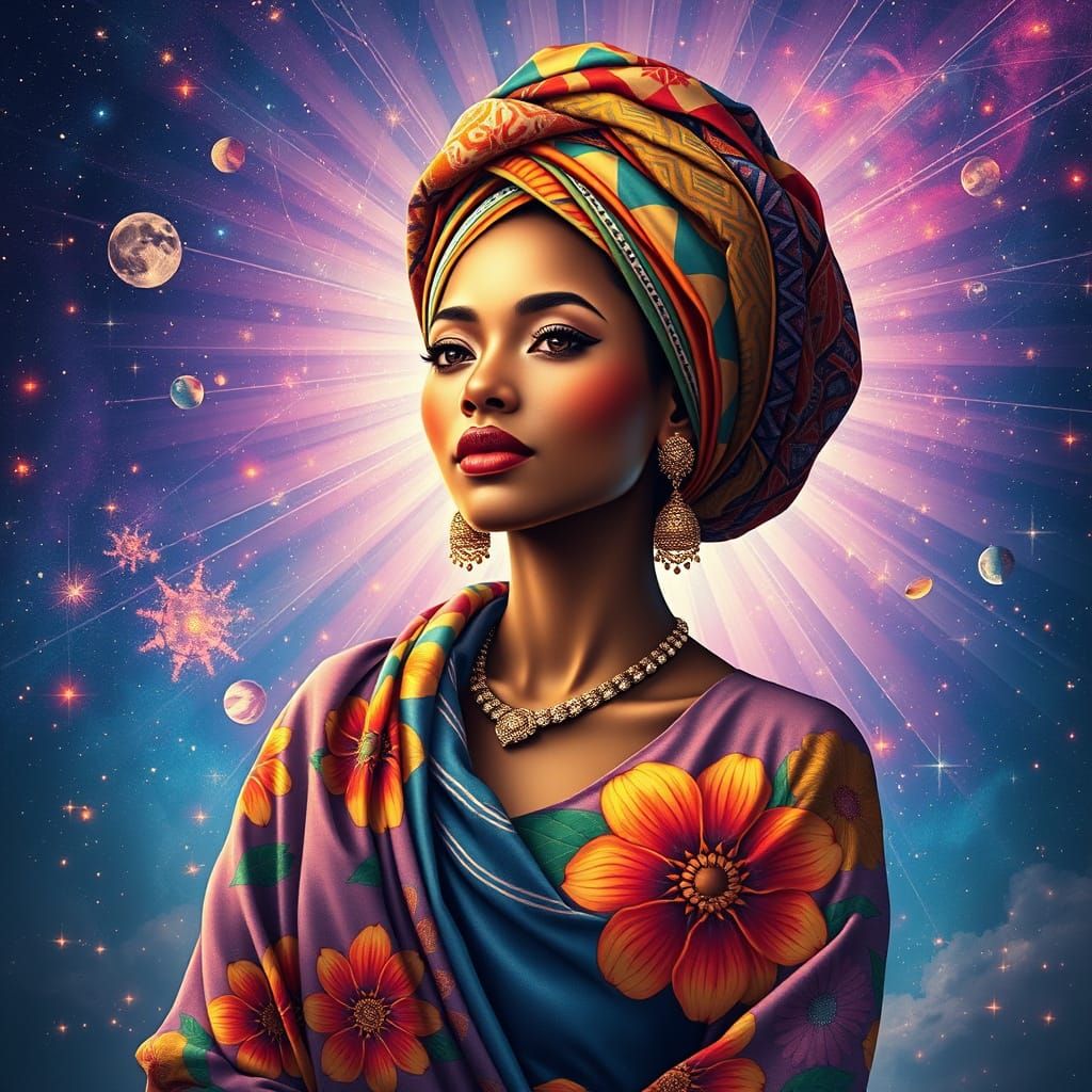 Radiant Woman in Vibrant Cosmic Patterns