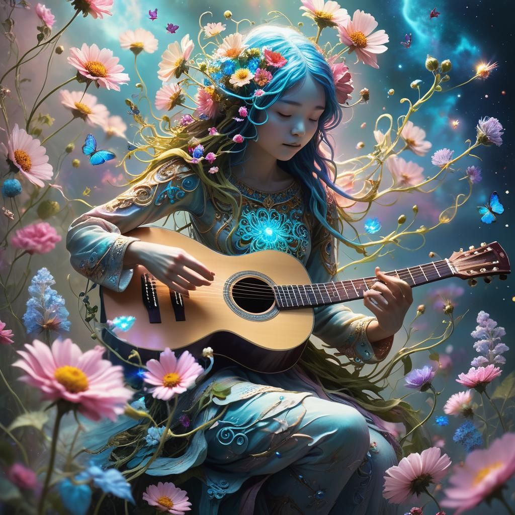 Cosmic Flower Spirit Plays Guitar in Dreamlike World