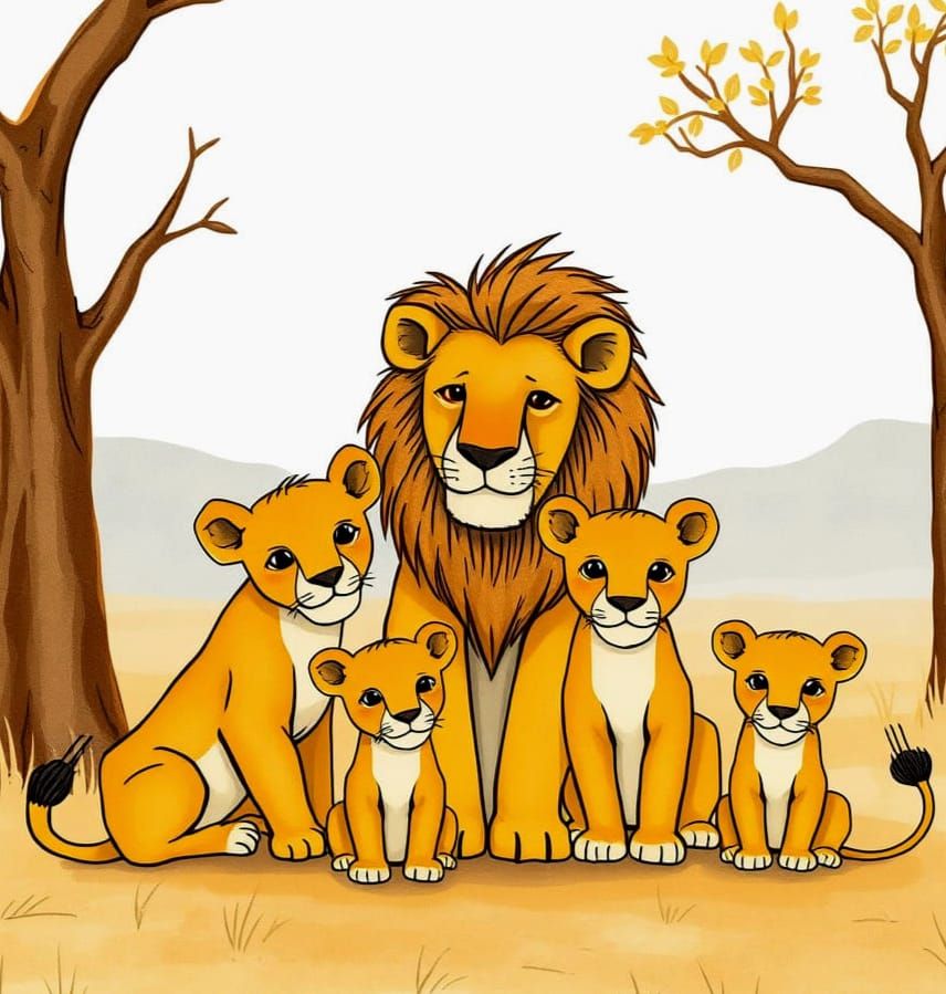 Lion Family in Savannah: Children's Book Illustration