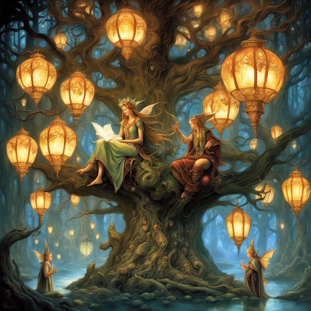 Elven City Within Colossal Tree, Alphonse Mucha Style