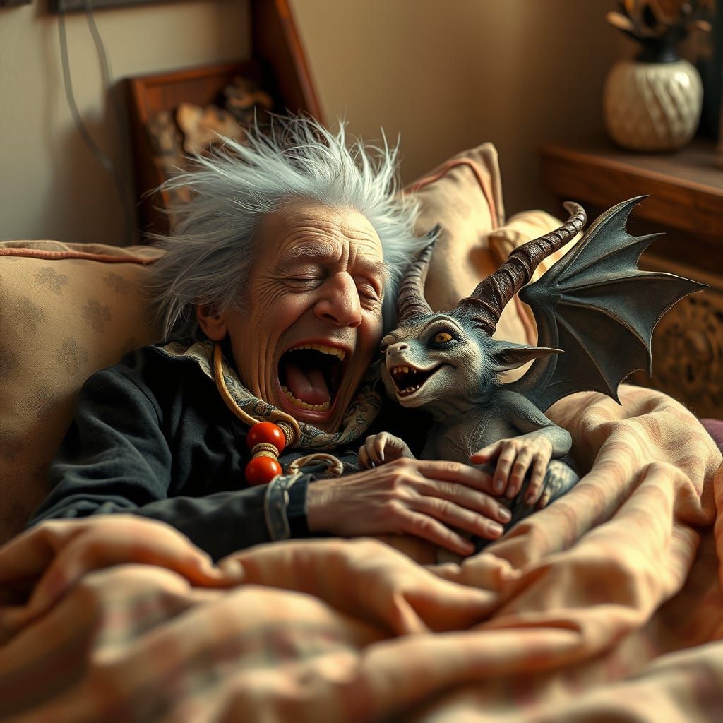 Elderly Punk Rocker's Whimsical Slumber with Winged Pet