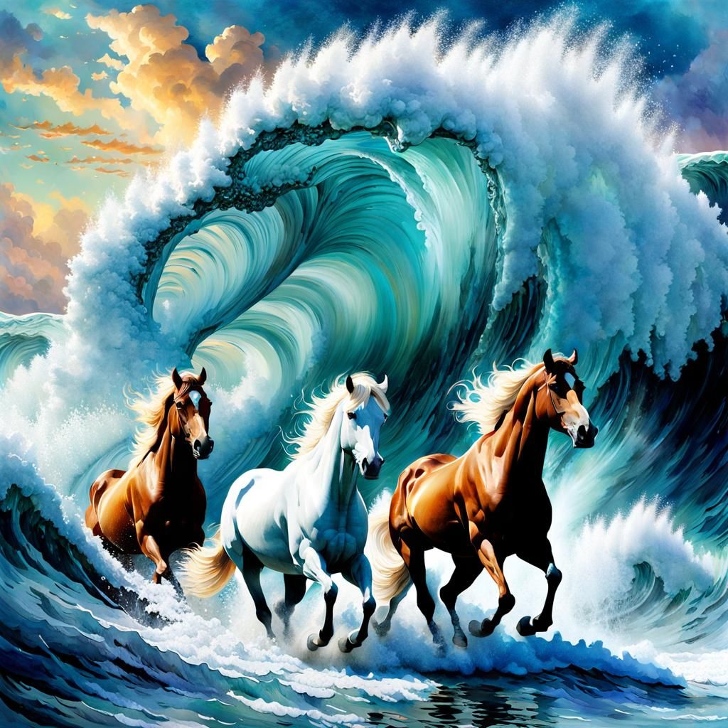Majestic Tidal Wave with Stallions in Watercolor