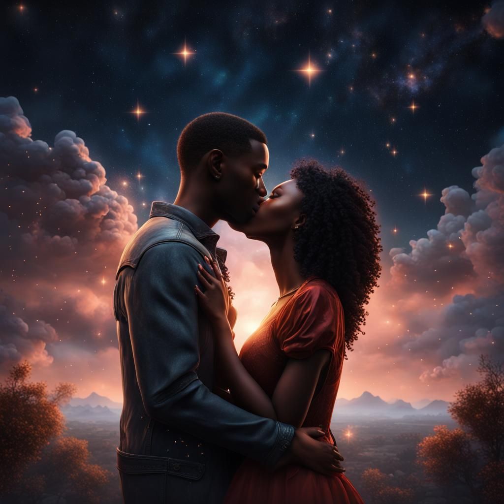 Romantic Kiss Under a Starry Night Sky