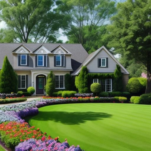Manicured Lawn and Flower Gardens Around Country Home