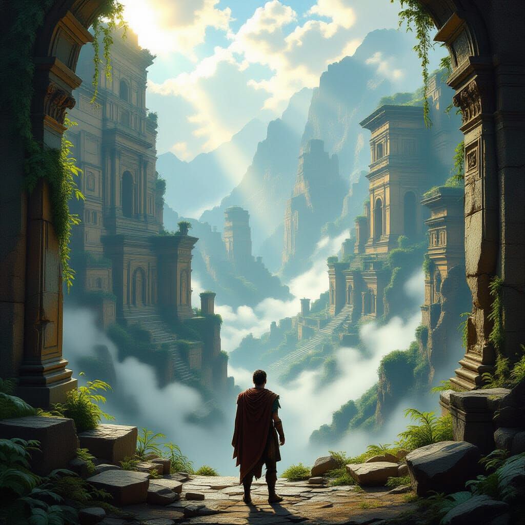 Roman Explorer at Overgrown Ruin in Misty Valley