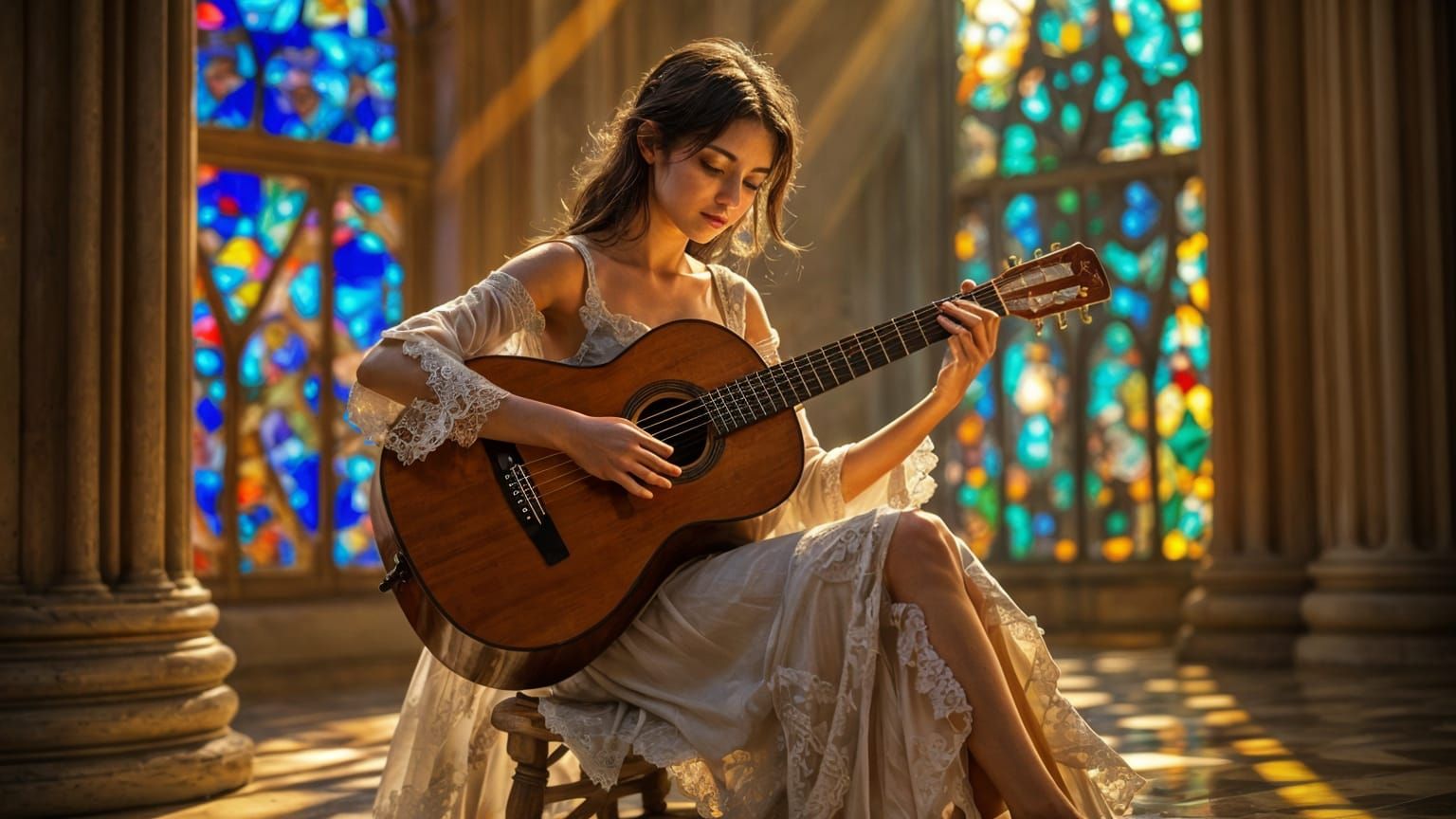 Elegant Spanish Beauty Plays Guitar in La Sagrada Família's....