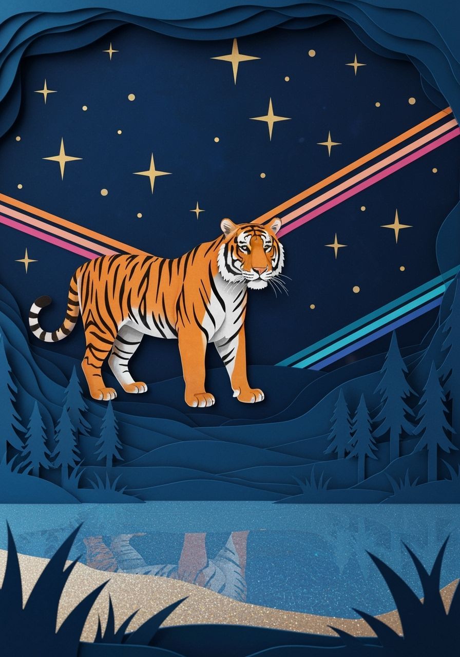 Papercut Wildlife Under Retro Stars in Cubist Style