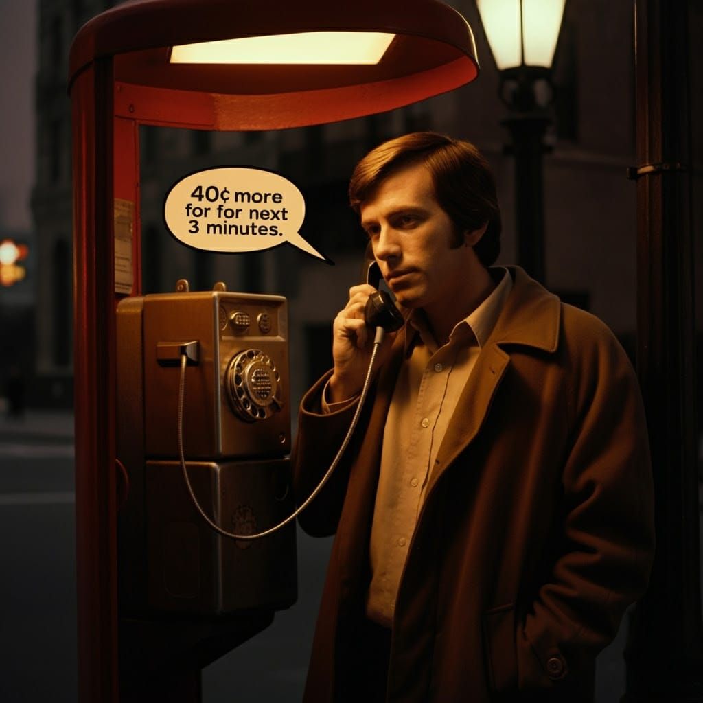 Man in 1972 City Street Phone Booth with 40 Cent Talk Time