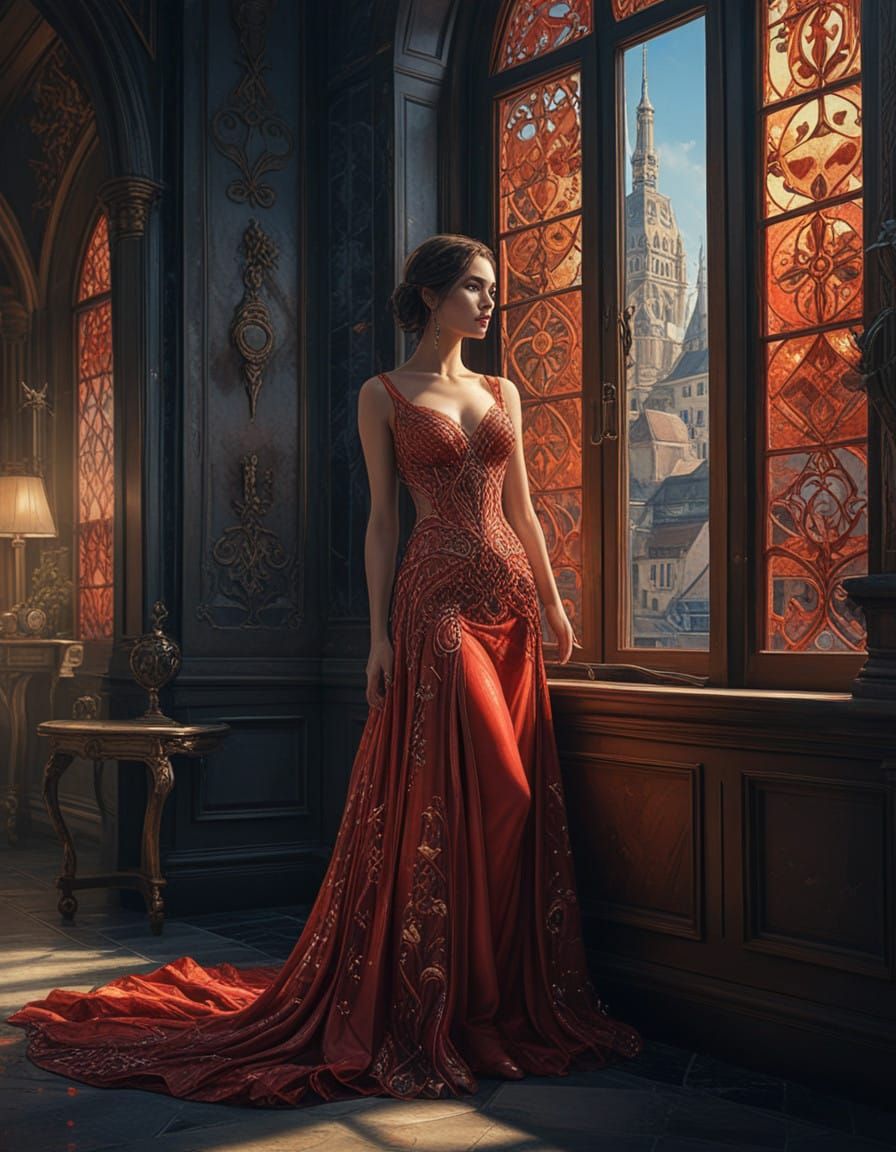 Stunning Baroque Woman in Luxurious Evening Gown