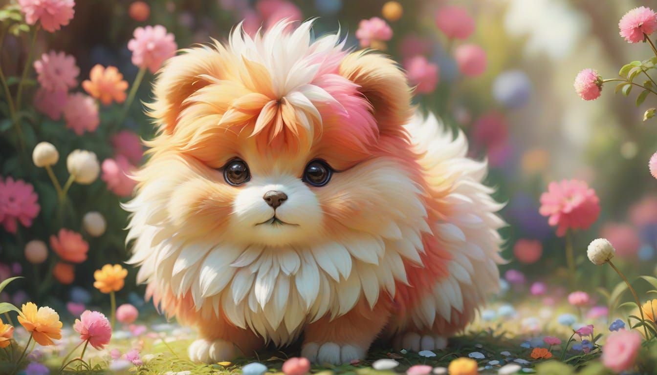Cute Puffball Surrounded by Flowers in Digital Painting