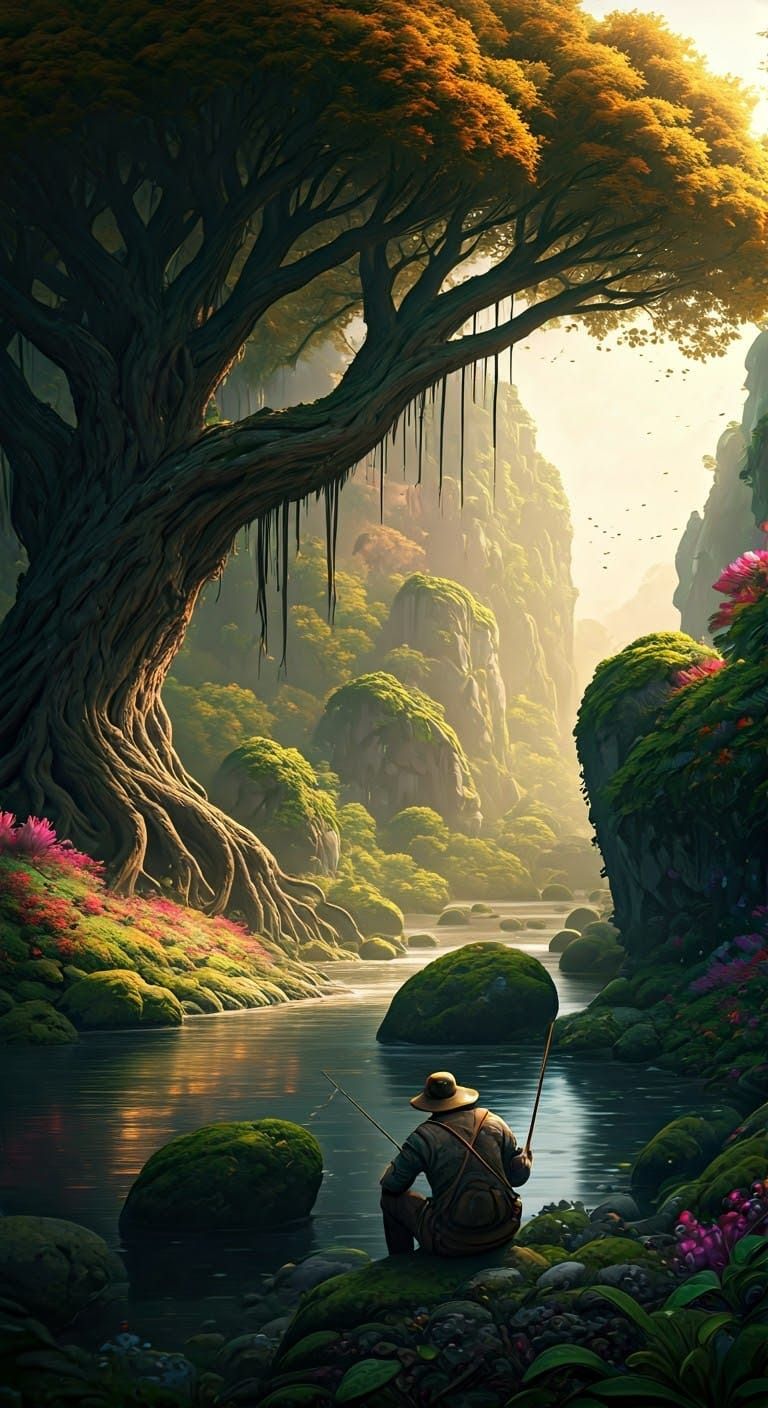 Enchanted Riverbank with Fisherman in Fantasy Style