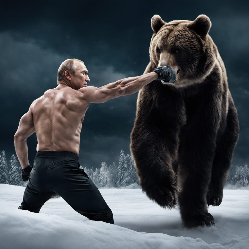 Muscular Vladimir Putin Punches a Bear: Digital Painting