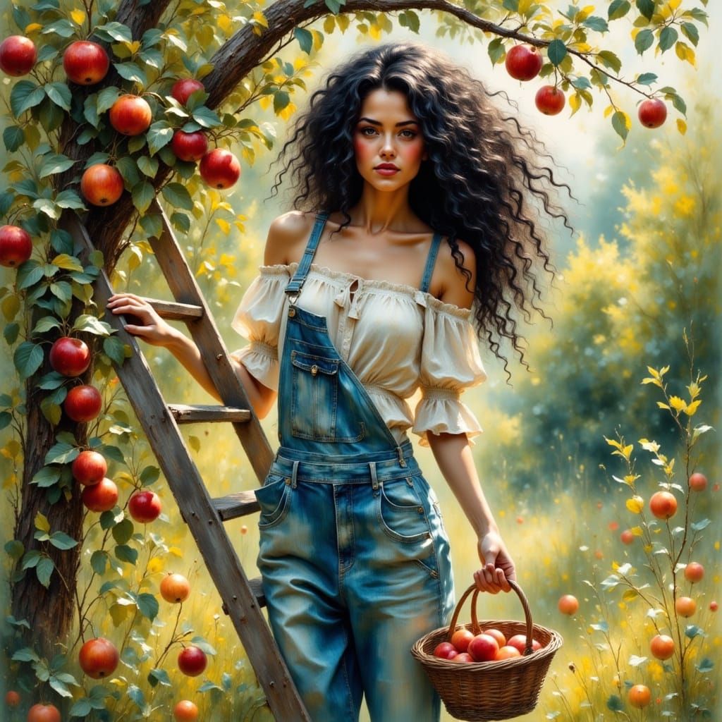Woman Picking Apples in Impressionist Style