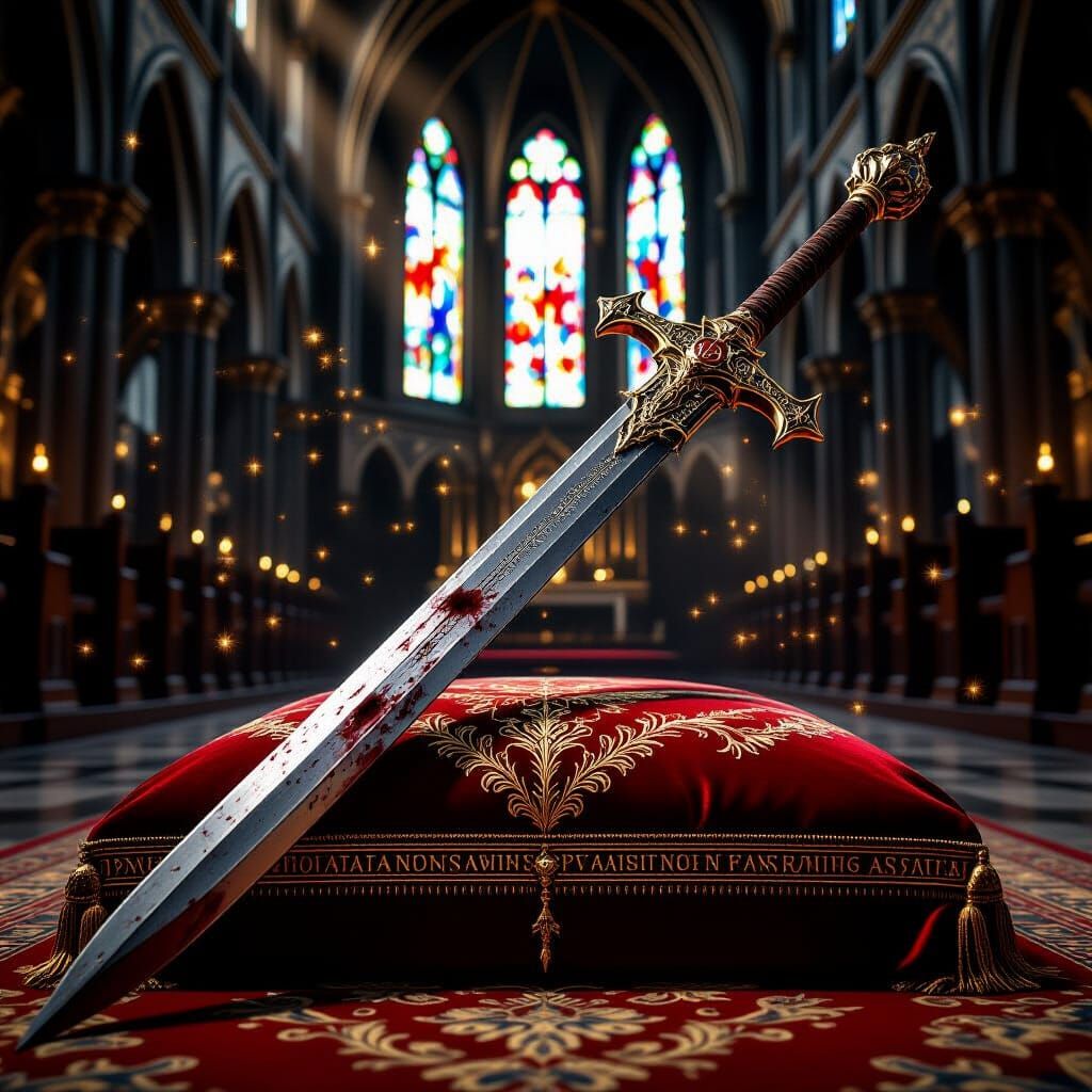 Spear of Destiny on Velvet Cushion in Dramatic Cathedral Lig...