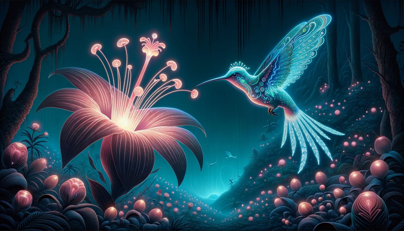 Bioluminescent Hummingbird in Mystical Valley, Art Nouveau