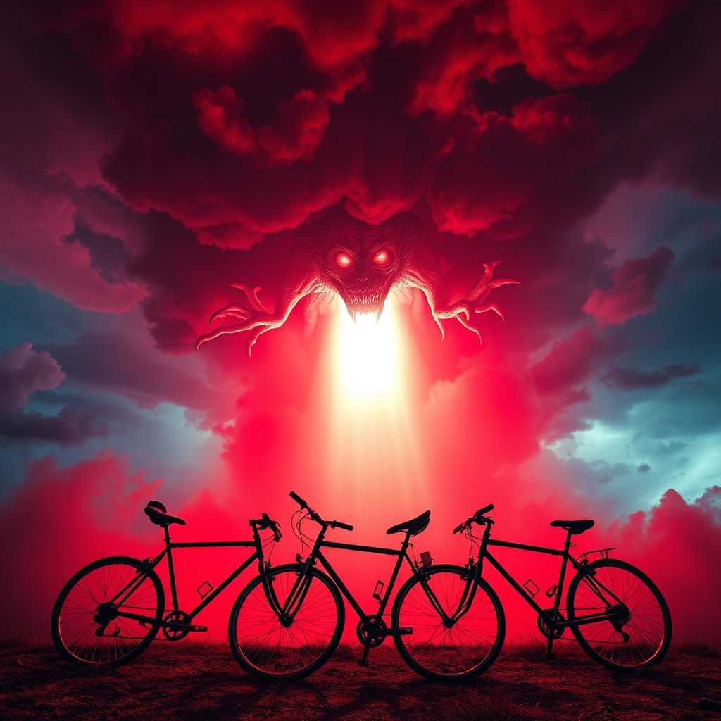 Dark Apocalypse with Shadow Monster and Abandoned Bicycles