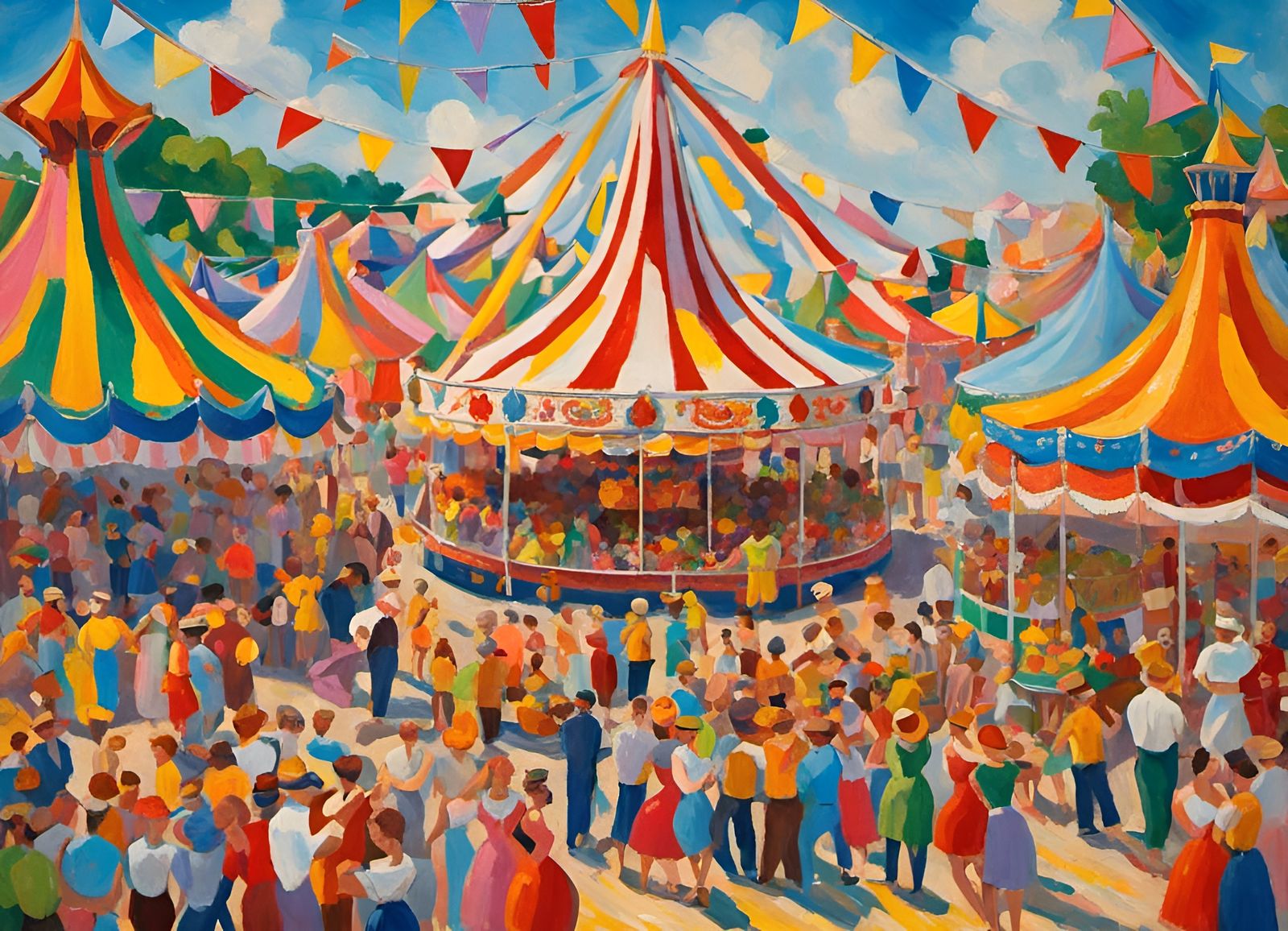 Vivid Impressionist Carnival Scene with Crowds and Rides