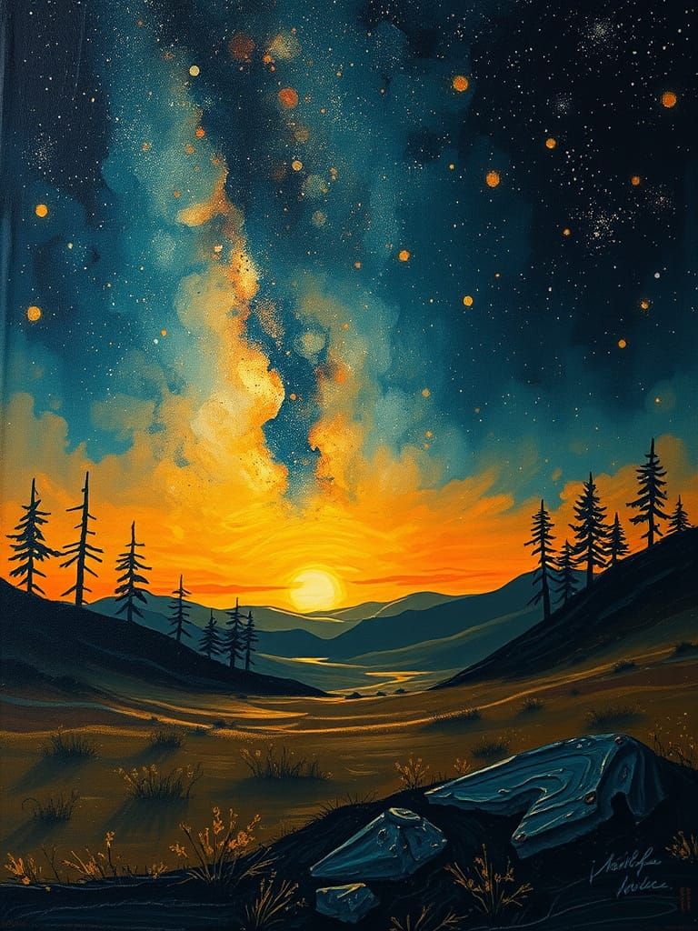 Retro-Futuristic Milky Way Landscape in Vibrant Brushstrokes