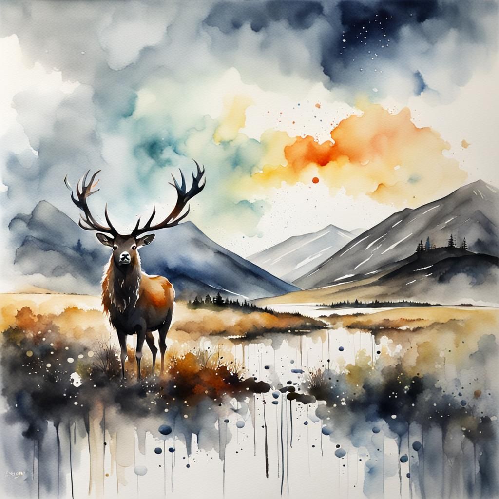 Surreal Stag in Abstract Highland Watercolor