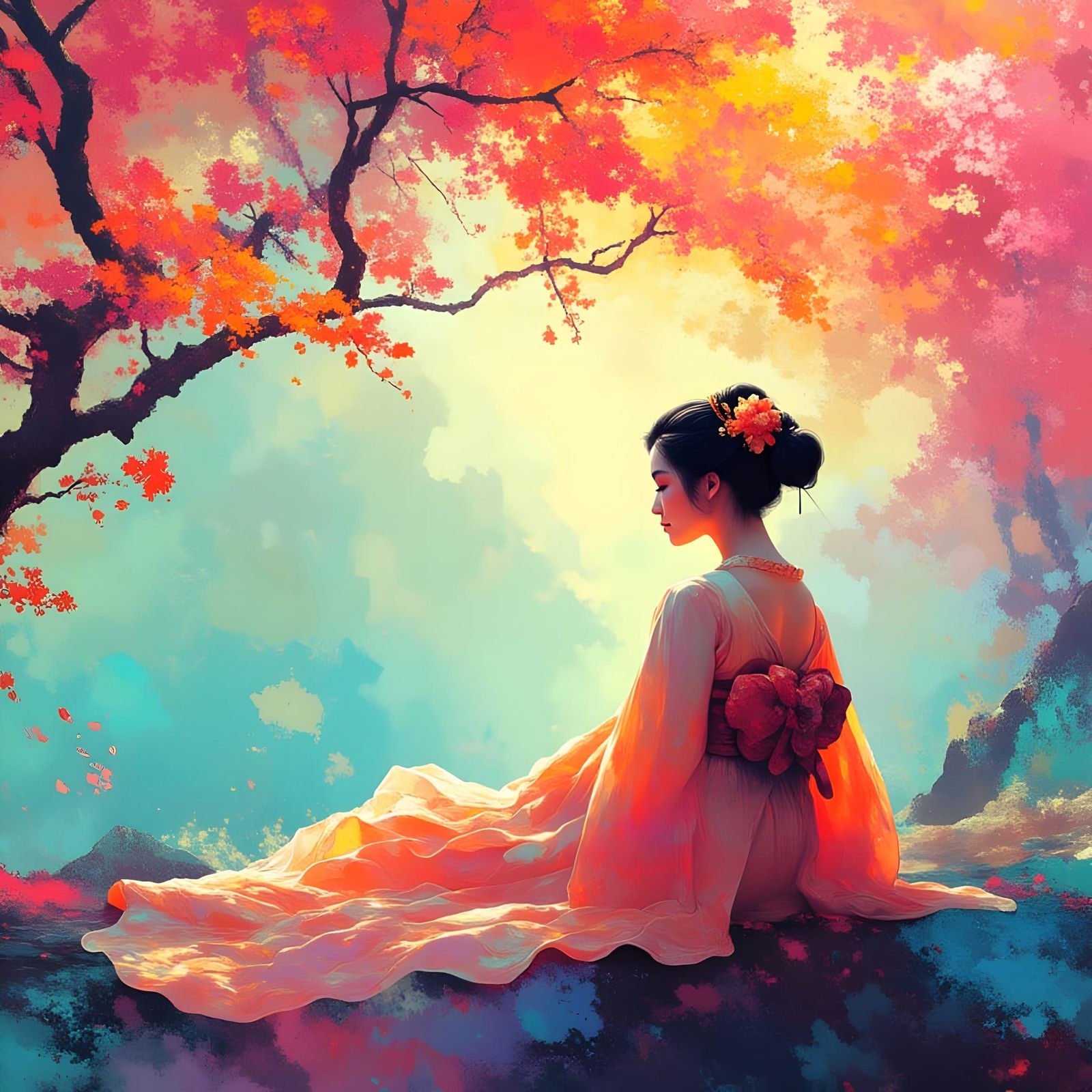 Geisha Under Sakura Tree in Magical Realism Style