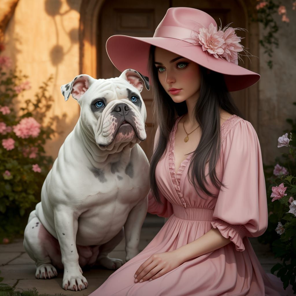 Cozy Moment with a Bulldog and Its Owner in a Rustic Garden