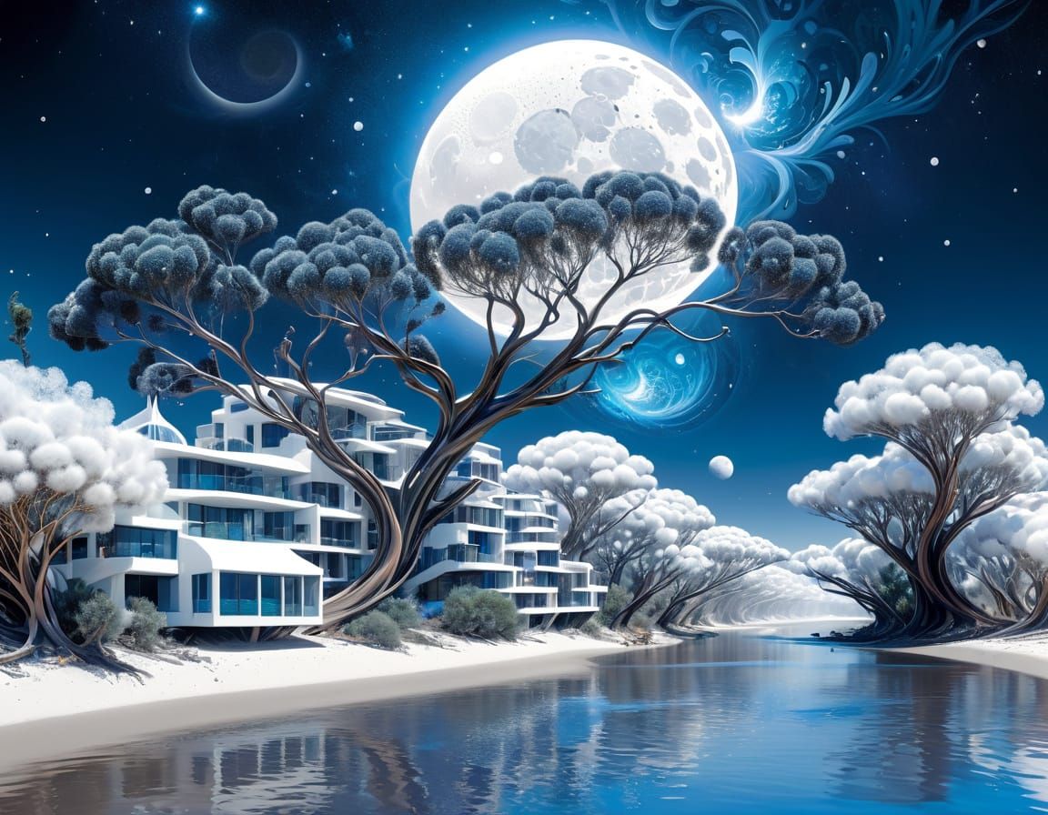 Cosmic City Floating Above River Beach in Fractal Style