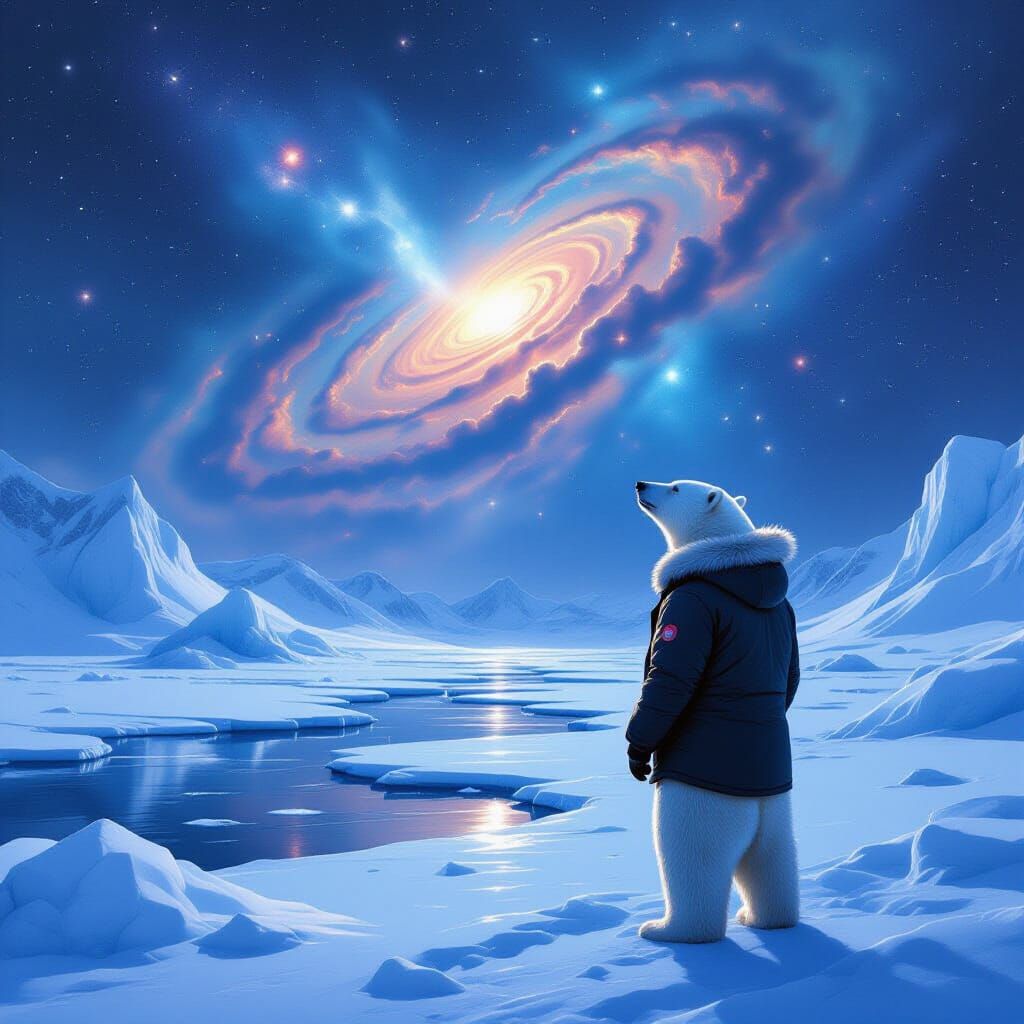 Polar Bear Gazing at Nebula in Alien Sky