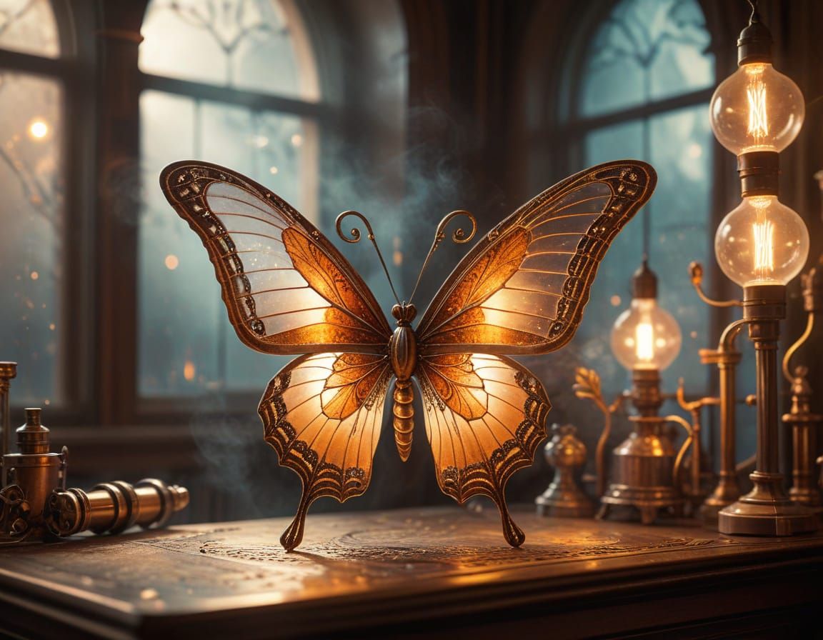 Steampunk Butterfly with Ethereal Aura in Victorian Laborato...