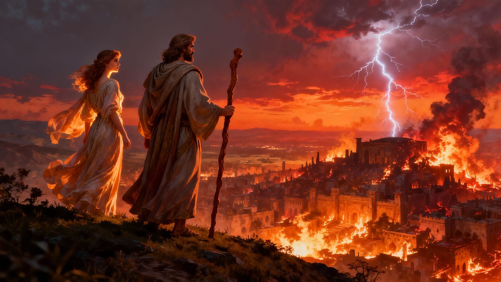 Biblical Couple Witnessing City Inferno Under Fiery Skies