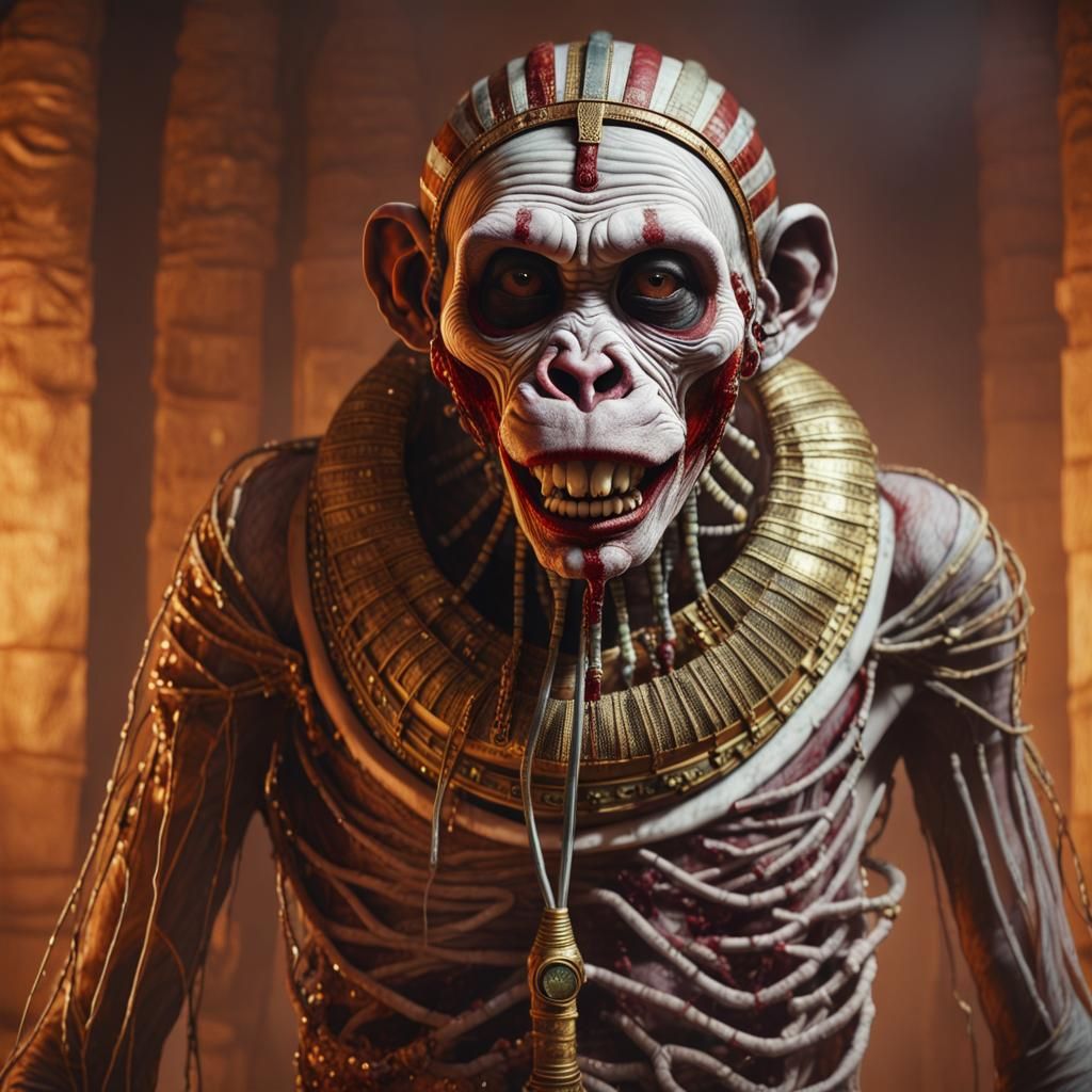 Iridescent Zombie Monkey Mummy in Egyptian Tomb