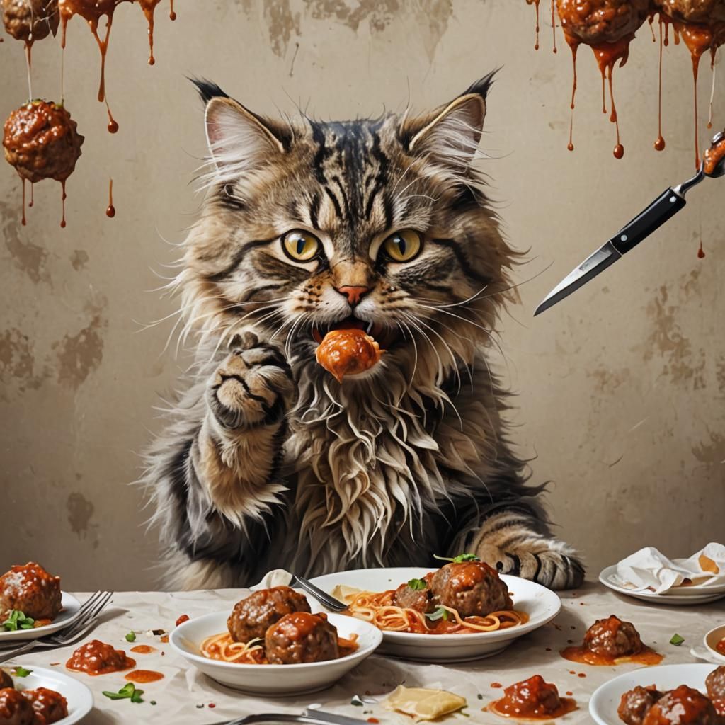 Funny Cat Eats Meatballs at Table